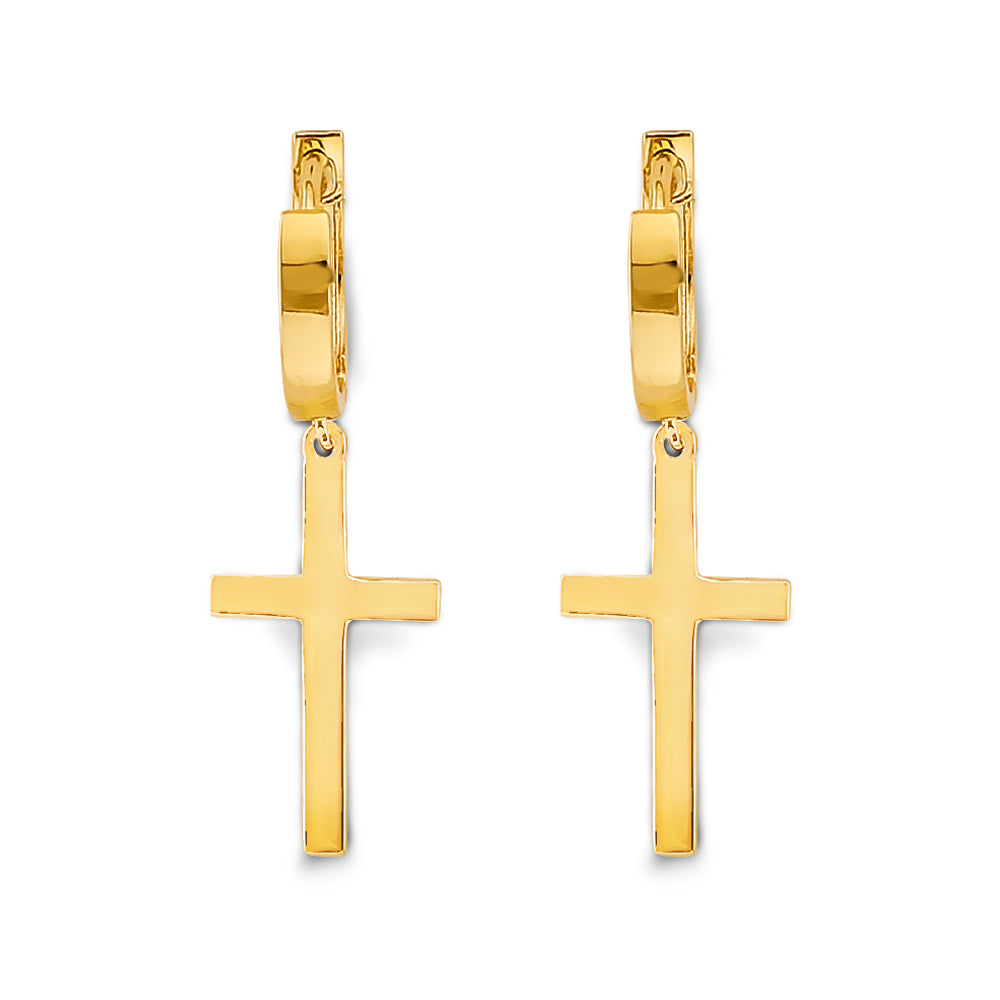 14K Yellow Gold Plain Cross Dangle Earrings 1 1/4" tall