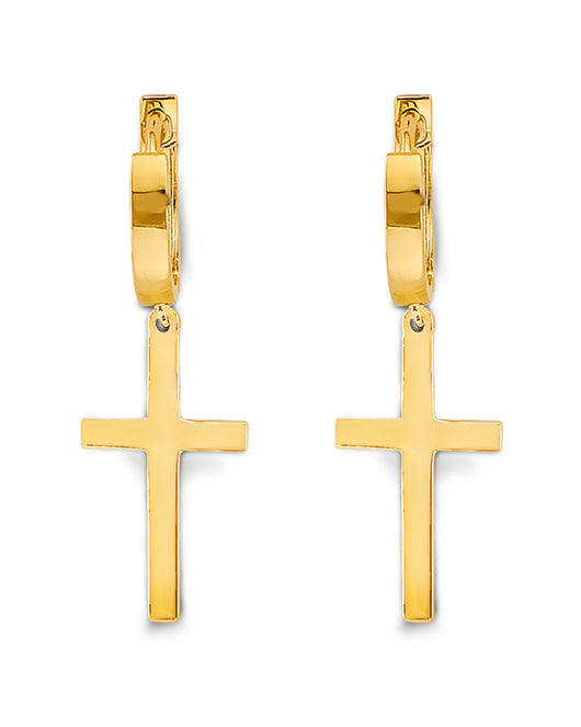 14K Yellow Gold Plain Cross Dangle Earrings 1 1/4