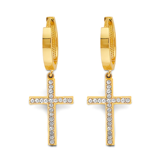 14K Yellow Gold CZ Cross Dangle Earrings 1 1/4" tall
