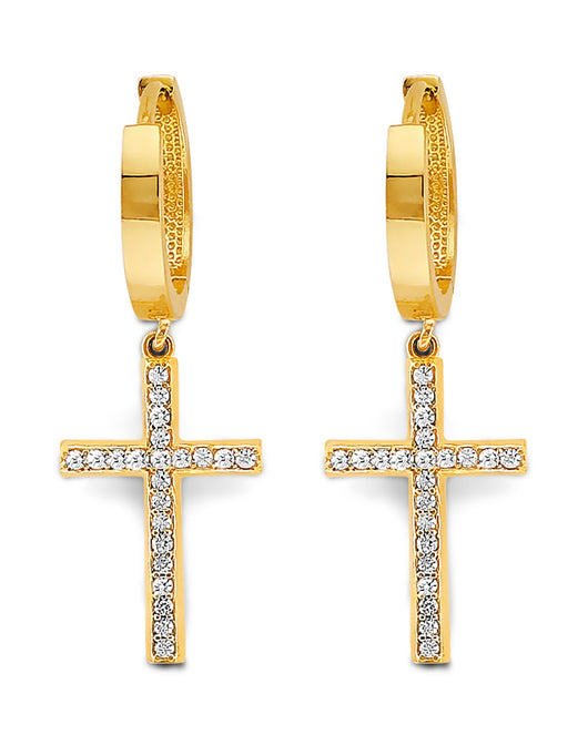 14K Yellow Gold CZ Cross Dangle Earrings 1 1/4