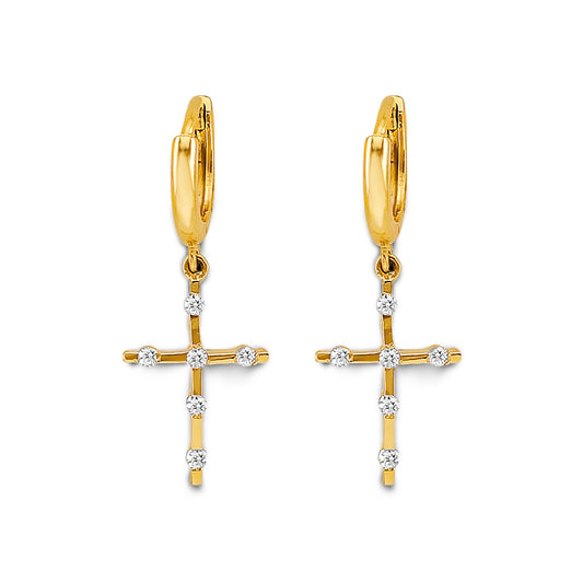 14K Yellow Gold CZ Cross Dangle Earrings 1" tall