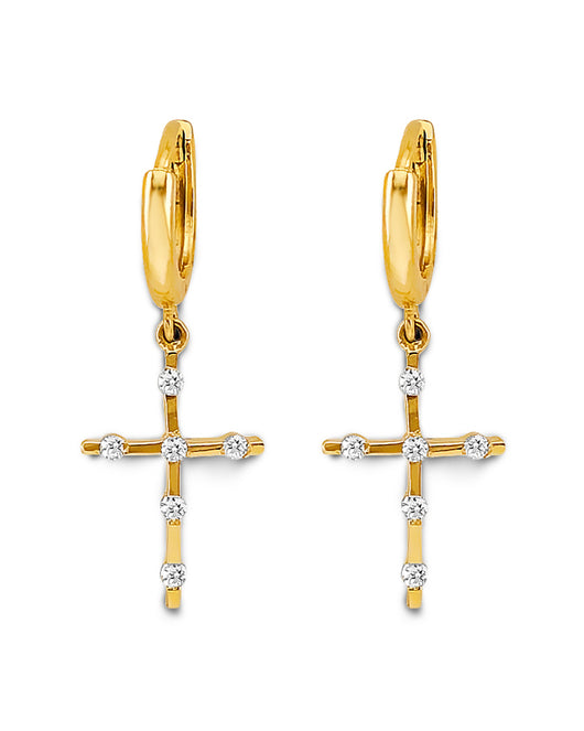 14K Yellow Gold CZ Cross Dangle Earrings 1