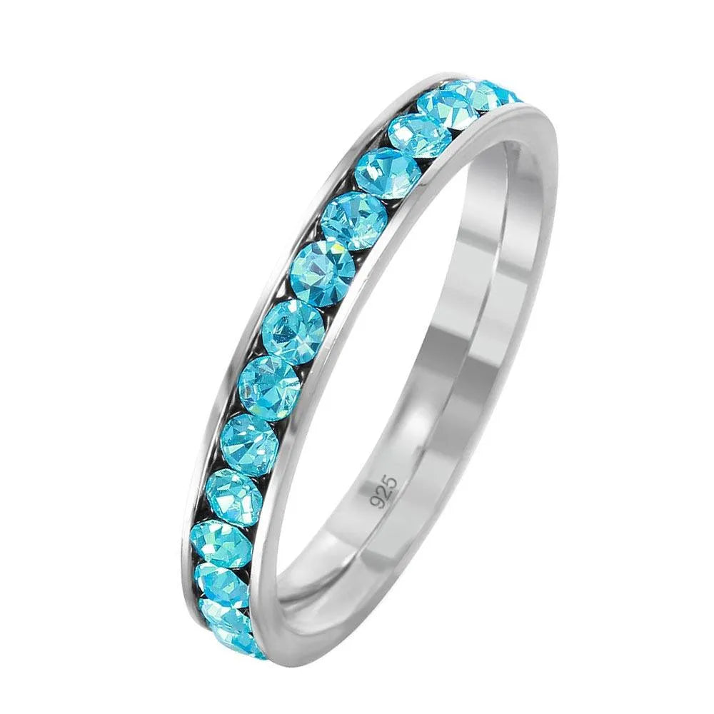 925 Sterling Silver Rhodium Plated Birthstone March Channel Eternity Band