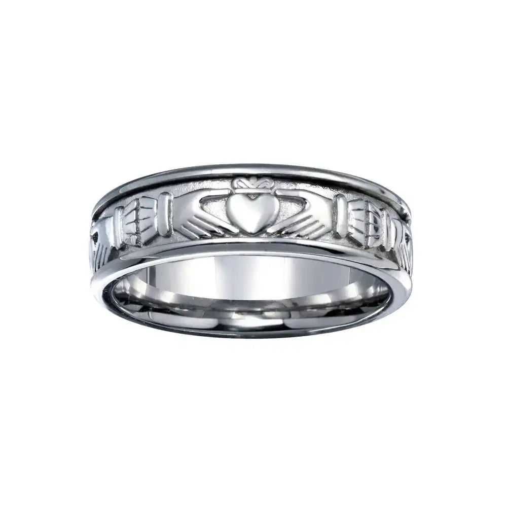 925 Sterling Silver Rhodium Plated Men's Claddagh Band 6.5mm