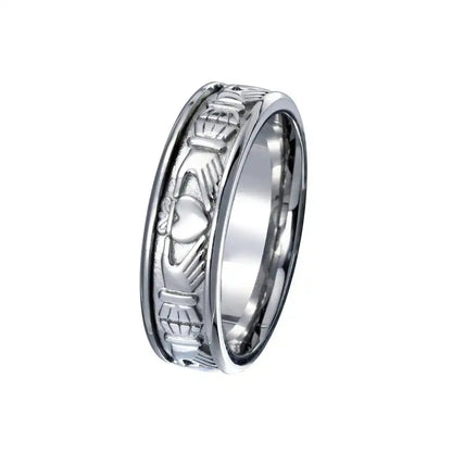 925 Sterling Silver Rhodium Plated Men's Claddagh Band 6.5mm