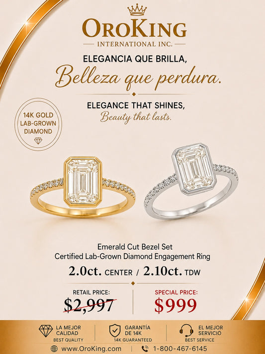 Women's 14K Gold Certified Lab-Grown Diamond Emerald Cut Bezel Set Engagement Ring 2.00ct. Center Stone 2.10ct. TDW