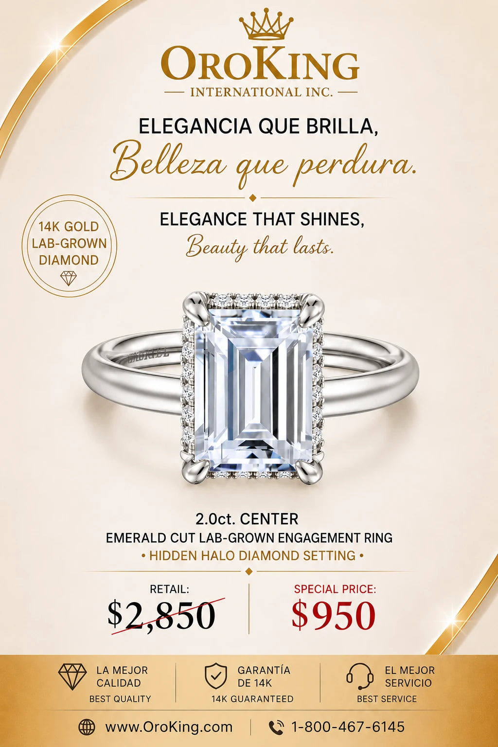 Women's 14K White Gold Certified Lab-Grown Diamond Emerald Cut Hidden Halo Ring 2.00ct. Center Stone/ 2.26 TDW