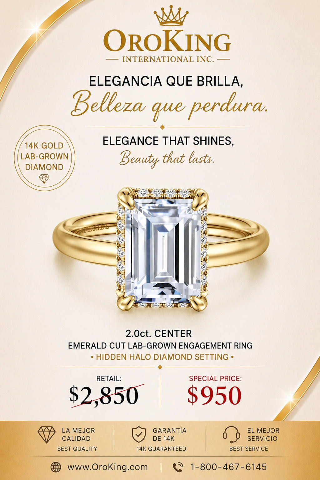 Women's 14K Yellow Gold/ White Gold Certified Lab-Grown Diamond Emerald Cut Hidden Halo Ring 2.00ct. Center Stone/ 2.26 TDW