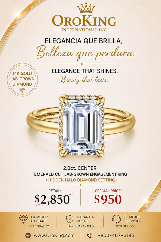Women's 14K Yellow Gold/ White Gold Certified Lab-Grown Diamond Emerald Cut Hidden Halo Ring 2.00ct. Center Stone/ 2.26 TDW