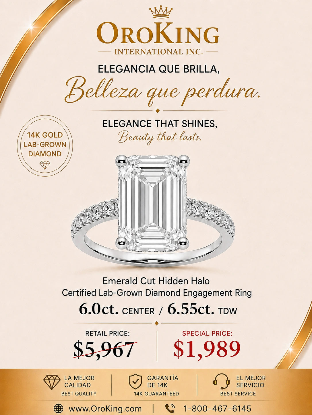 Women's 14K White Gold / Yellow Gold Certified Lab-Grown Diamond Emerald Cut Engagement Ring 6.00ct. Center Stone 6.55ct. TDW