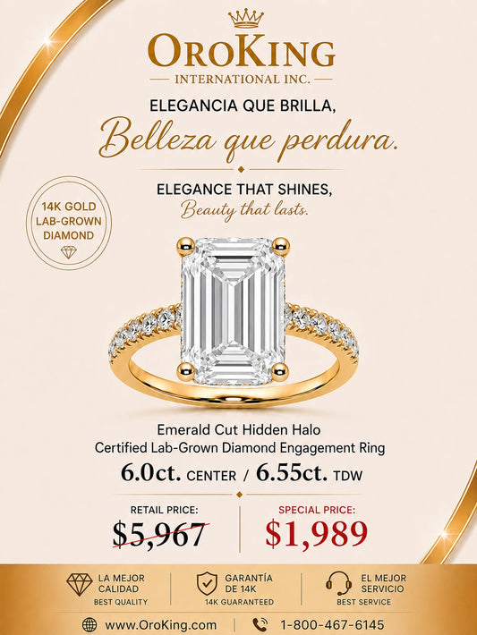 Women's 14K White Gold / Yellow Gold Certified Lab-Grown Diamond Emerald Cut Engagement Ring 6.00ct. Center Stone 6.55ct. TDW