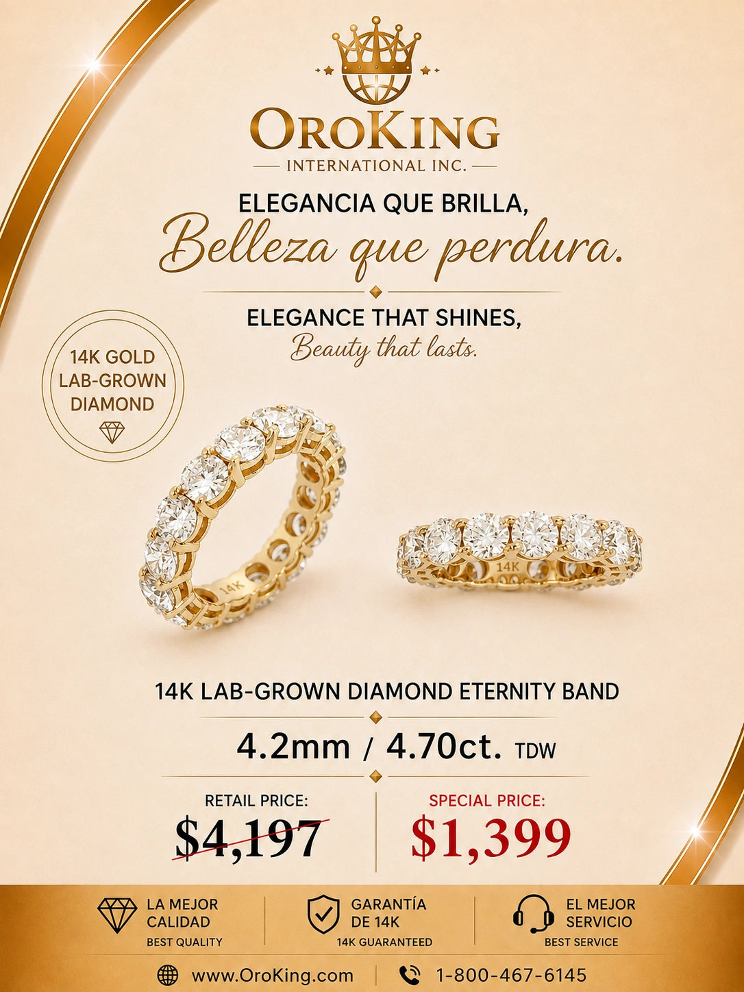 Women's 14K White Gold/ Yellow Gold Lab-Grown Diamond Eternity Band Ring 4.2mm Wide 4.70ct. TDW