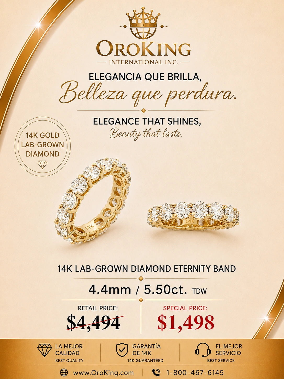 Women's 14K White Gold / Yellow Gold Lab-Grown Diamond Eternity Band Ring 4.4mm Wide 5.50ct. TDW
