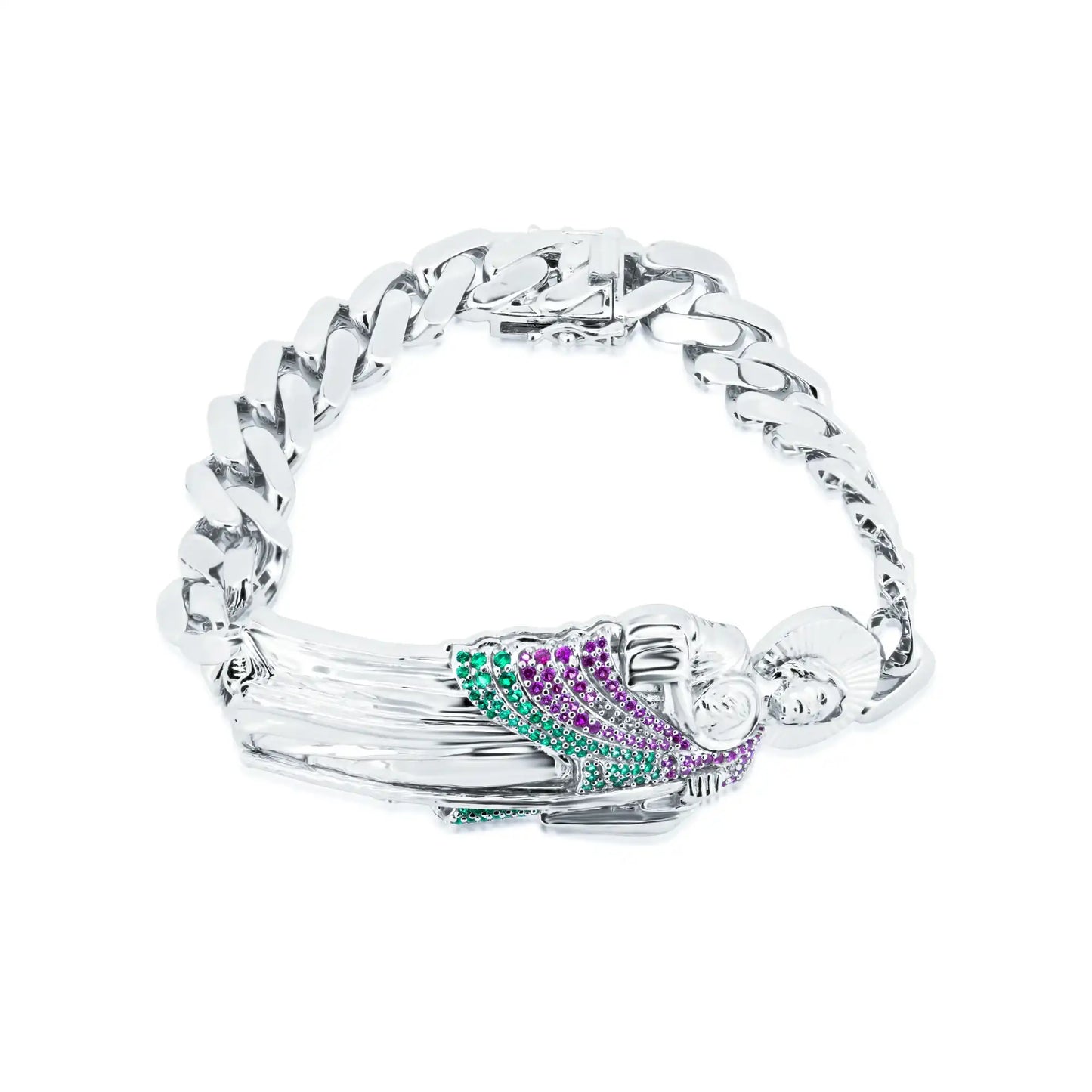 925 Sterling Silver Rhodium Plated St Jude Red and Green CZ Cuban 10.8mm Bracelet