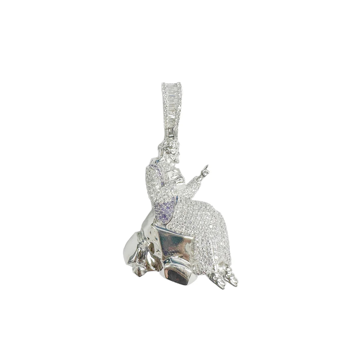 925 Sterling Silver Rhodium Plated Jesus Sitting on a Rock Clear CZ Pendant