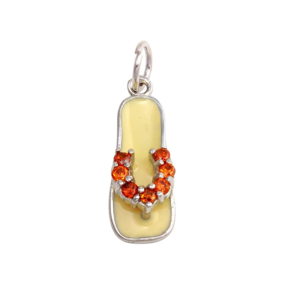 925 Sterling Silver Rhodium Plated White Enamel Orange CZ Sandal Pendant
