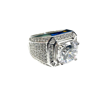 925 Sterling Silver Rhodium Plated Statement Studded Small and Top 8mm Clear CZ Ring