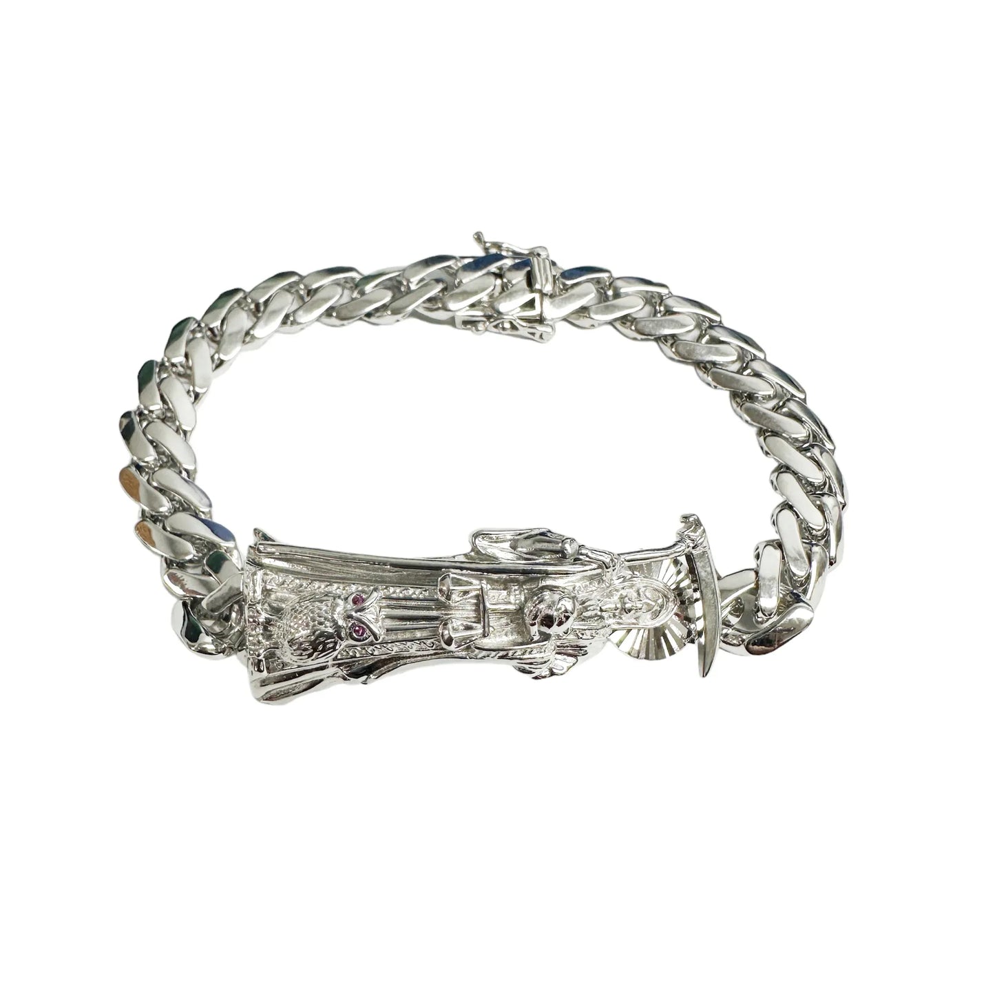 925 Sterling Silver Rhodium Plated Santa Muerte Angel of Death 7.2mm Cuban Bracelet