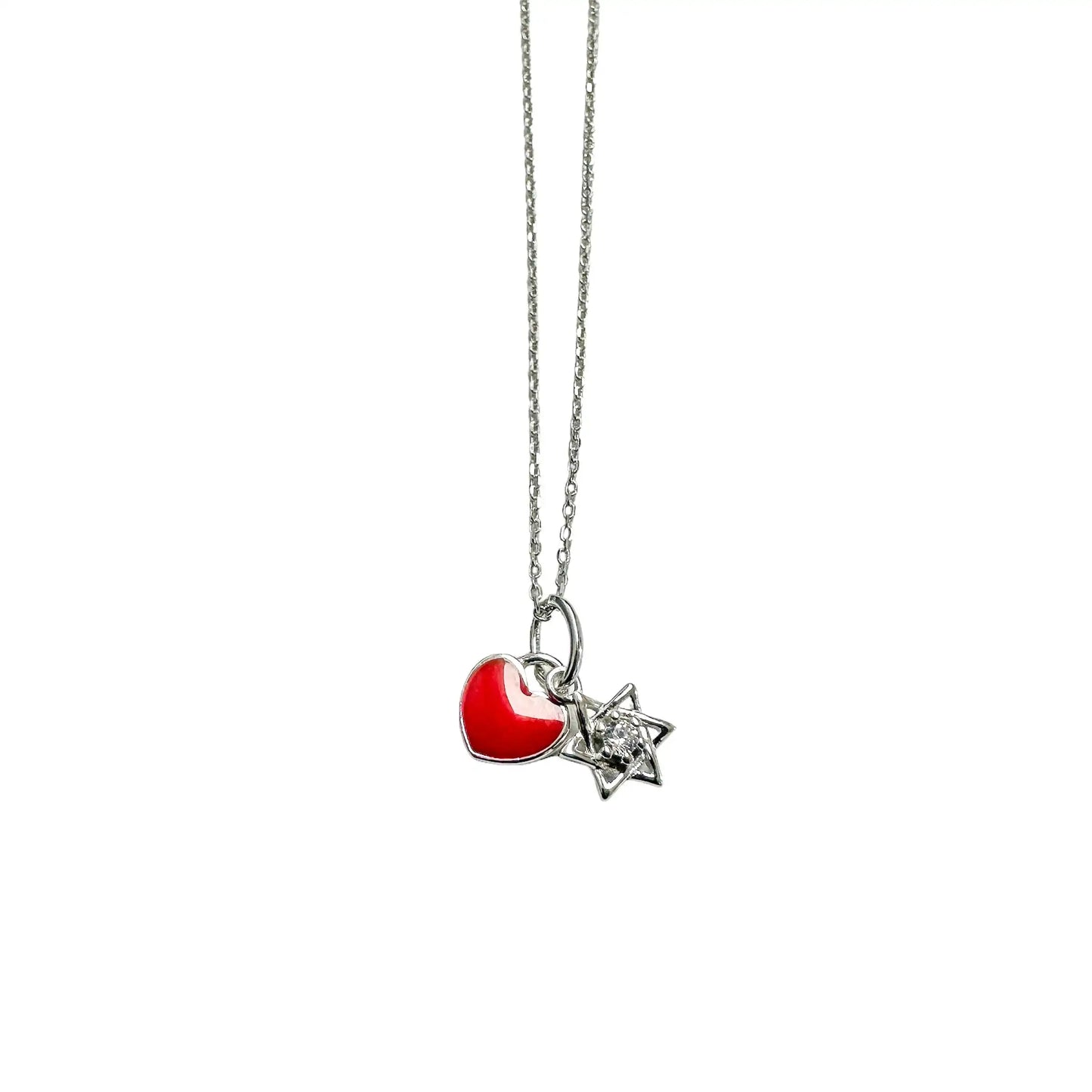 925 Sterling Silver Rhodium Plated Star of David Red Enamel Heart Clear CZ Pendant Necklace