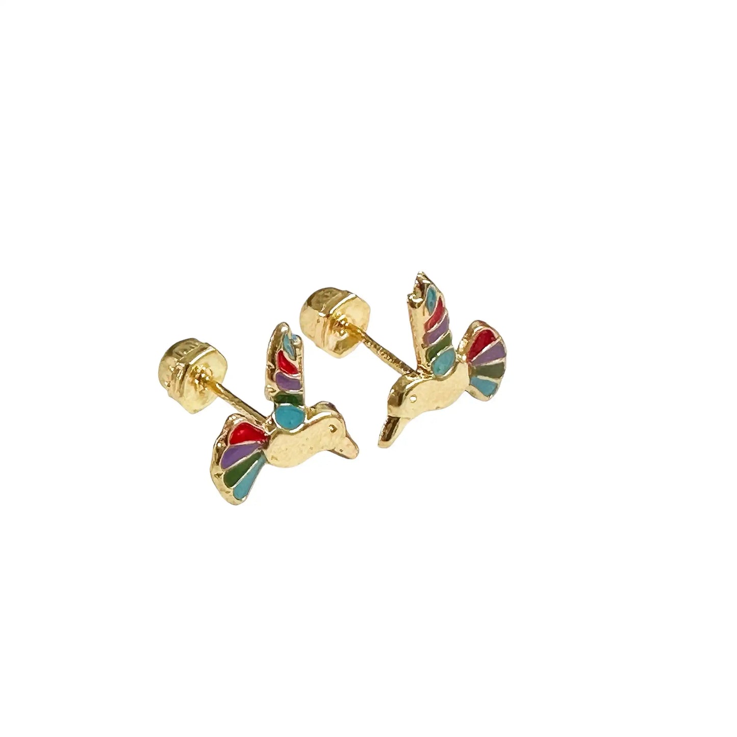 14 Karat Yellow Gold Hummingbird Multi Color Screw Back Earrings