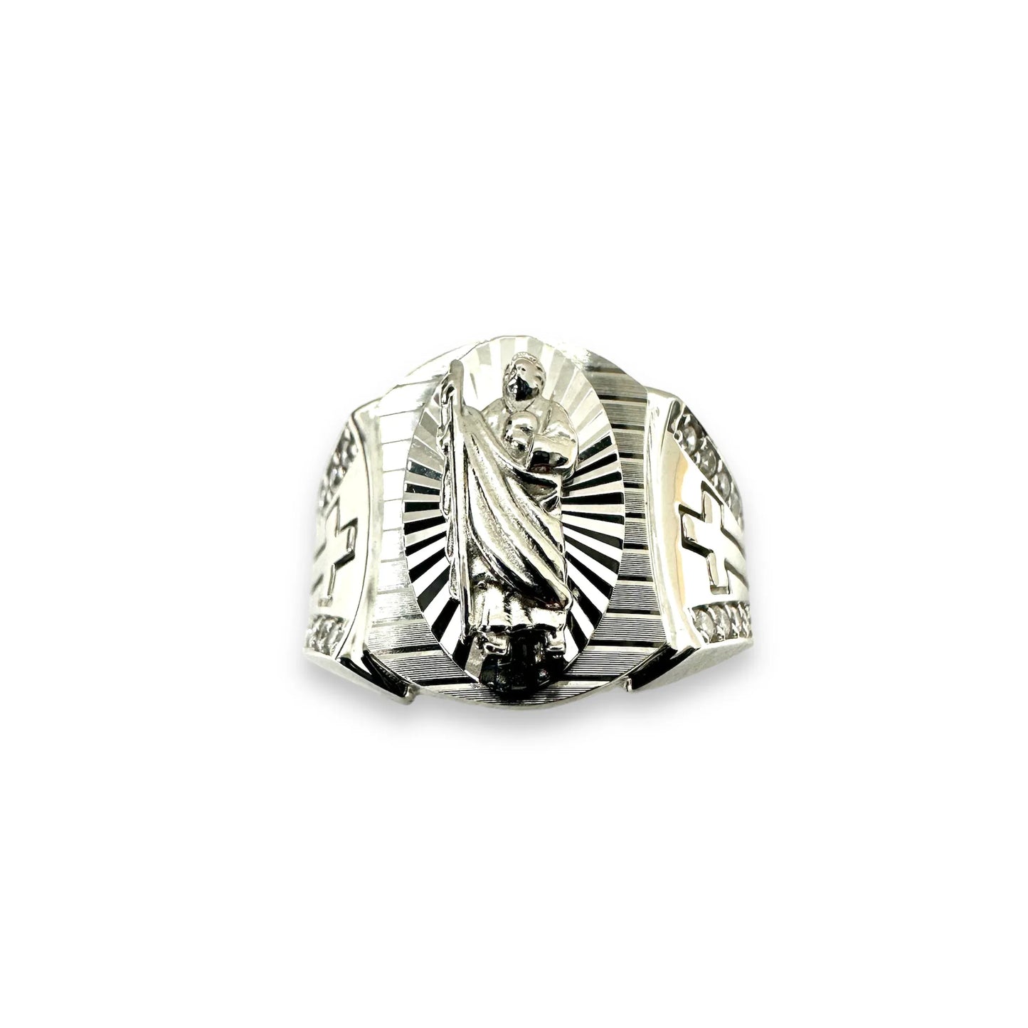 925 Sterling Silver Rhodium Plated St Jude Diamond Cut Clear CZ Ring