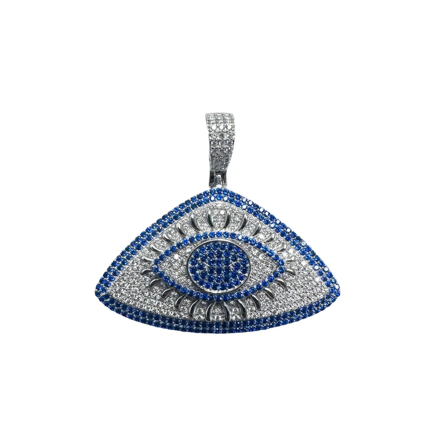 925 Sterling Silver Rhodium Plated CZ Encrusted Eye Clear and Blue CZ Pendant