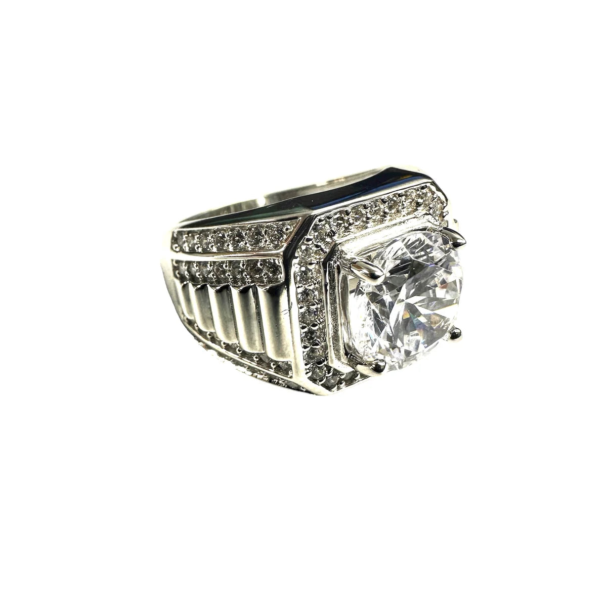 925 Sterling Silver Rhodium Plated Statement Studded Small and Top 8mm Clear CZ Ring