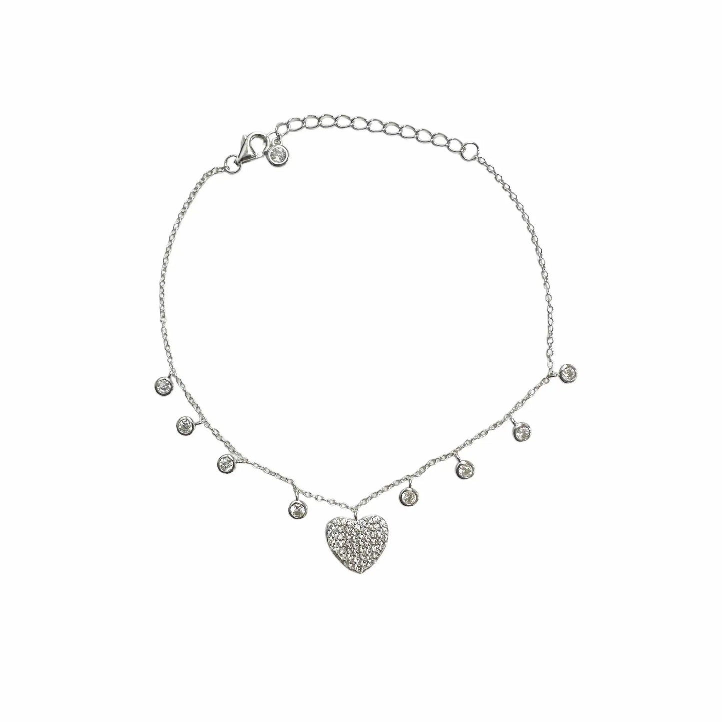 925 Sterling Silver Rhodium Plated Heart and Round Dangling Charm Bracelet
