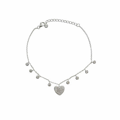 925 Sterling Silver Rhodium Plated Heart and Round Dangling Charm Bracelet