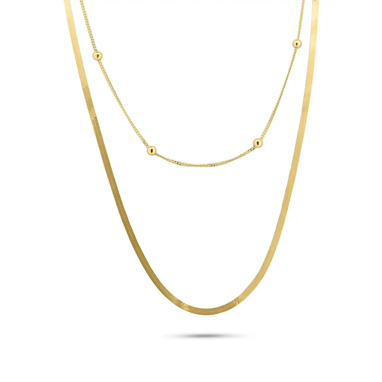 925 Sterling Silver Gold Plated Herringbone and Curb Beaded Dual Strand Adjustable Necklace