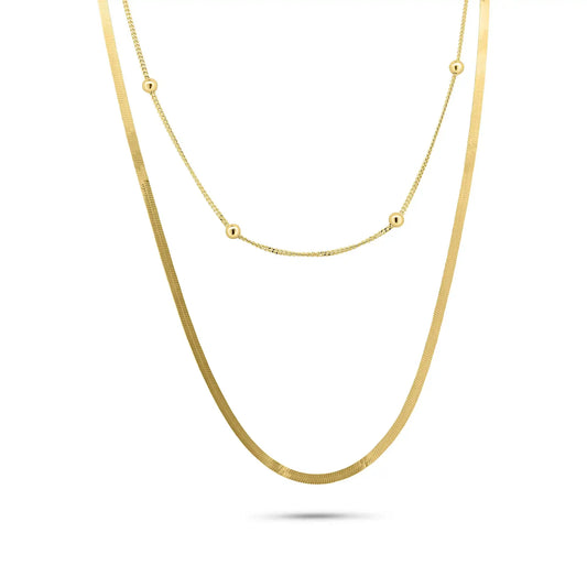 925 Sterling Silver Gold Plated Herringbone and Curb Beaded Dual Strand Adjustable Necklace