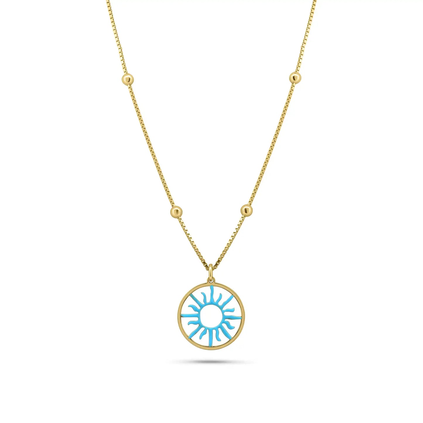 925 Sterling Silver Gold Plated Turquoise Sun Charm Box Beaded Adjustable Necklace
