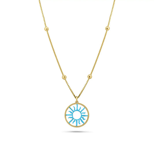 925 Sterling Silver Gold Plated Turquoise Sun Charm Box Beaded Adjustable Necklace