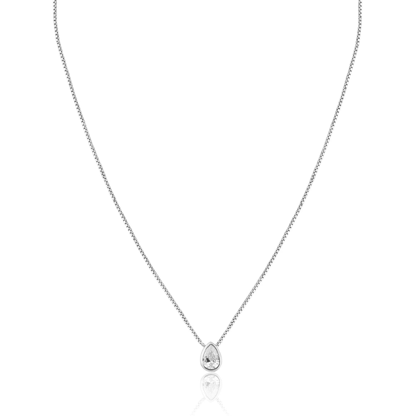 Silver Rhodium Plated Teardrop Clear CZ Pendant Necklace