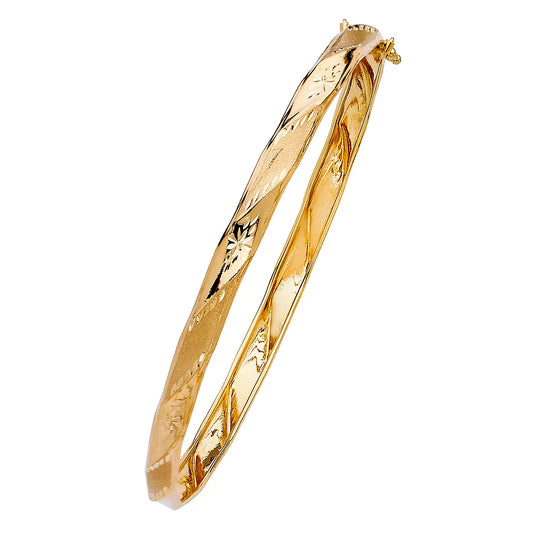 14K Yellow Gold Women’s Hollow Floral Engraved Bangle Bracelet – 7.25"