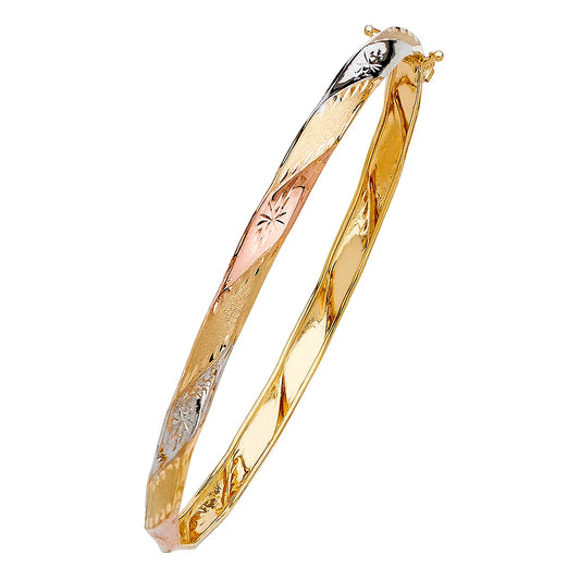 14K Tri-Color Gold Women’s Hollow Floral Engraved Bangle Bracelet – 7.25"