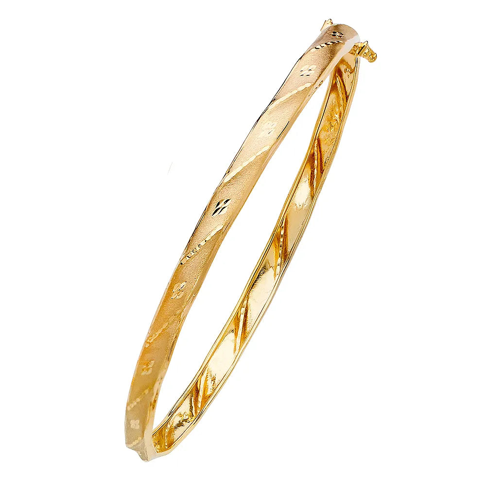14K Yellow Gold Women’s Hollow Diamond-Cut Engraved Bangle Bracelet – 7.25"