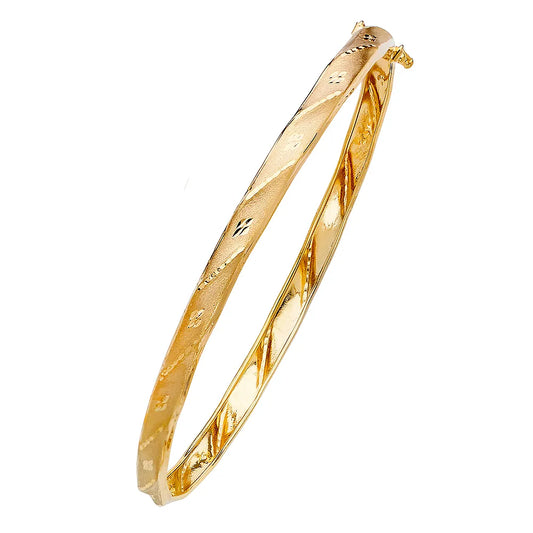 14K Yellow Gold Women’s Hollow Diamond-Cut Engraved Bangle Bracelet – 7.25"