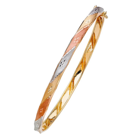 14K Tri-Color Gold Women’s Hollow Twisted Engraved Bangle Bracelet – 7.25"