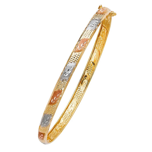 14K Tri-Color Gold Women’s Fancy Design Hollow Bangle – Size 7.25”