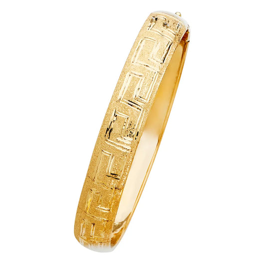 14K Yellow Gold Women’s Greek Key Design Hollow Bangle – Size 8”