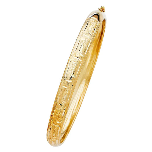 14K Yellow Gold Women’s Greek Key Design Hollow Bangle – Size 7”
