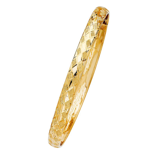 14K Yellow Gold Women’s Diamond-Cut Lattice Design Hollow Bangle – Size 7”