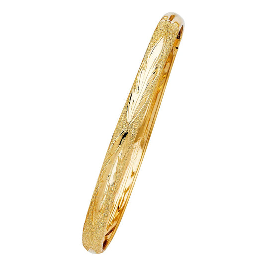 14K Yellow Gold Women’s Diamond-Cut Leaf Design Hollow Bangle – Size 7”