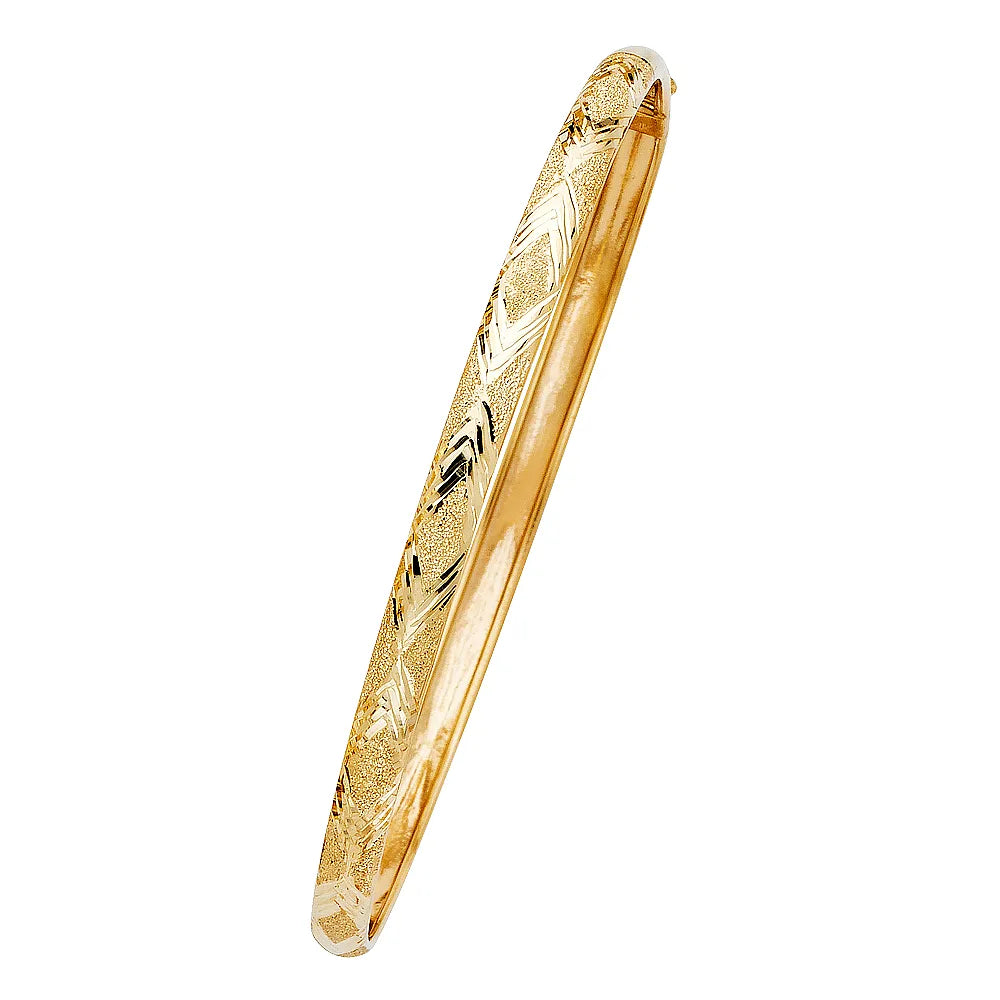 14K Yellow Gold Women’s Diamond-Cut Geometric Design Hollow Bangle – Size 8”