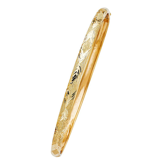 14K Yellow Gold Women’s Diamond-Cut Geometric Design Hollow Bangle – Size 8”