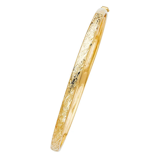 14K Yellow Gold Women’s Textured Diamond-Cut Hollow Bangle – Size 8”
