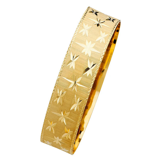 14K Yellow Gold Women’s Diamond-Cut Starburst Design Solid Bangle – Size 7”