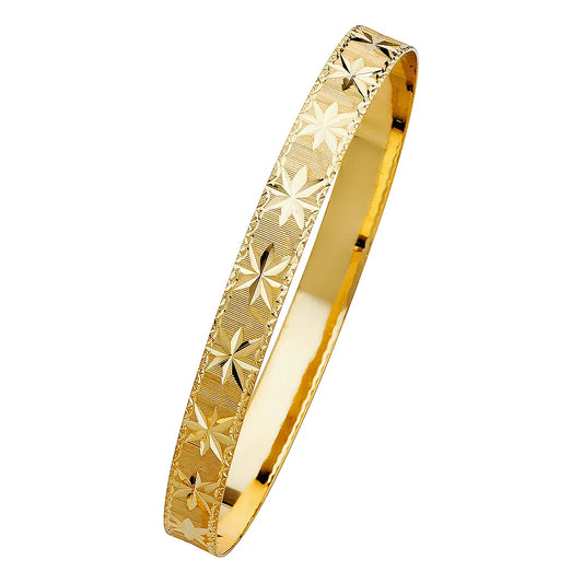 14K Yellow Gold Women’s Diamond-Cut Starburst Design Solid Bangle – Size 7”