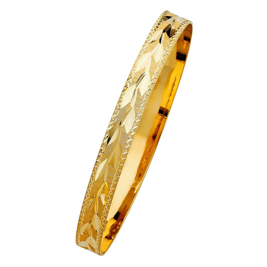 14K Yellow Gold Women’s Diamond-Cut Leaves Design Solid Bangle – Size 8”